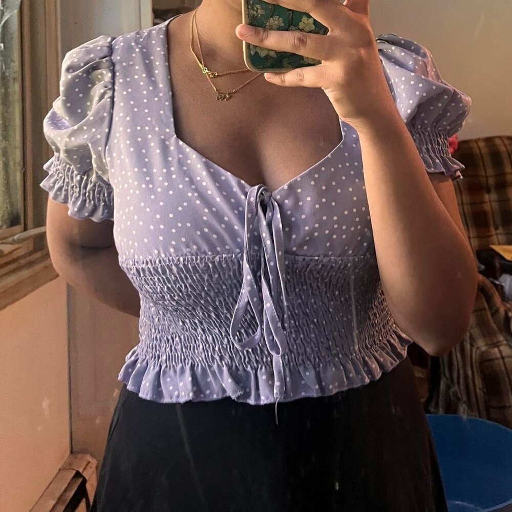 Cute purple polka dot tie front top #polkadot